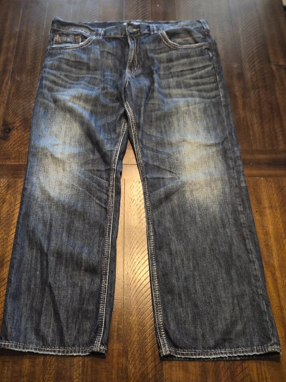 Silver Gordie Flap Jeans Mens 40x30 Loose Straight Whiskered Thick Stitch G497